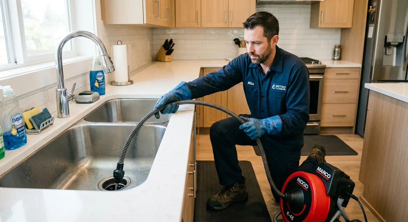 Drain cleaning technician using a motorized snake on a kitchen sink in North Palm Beach