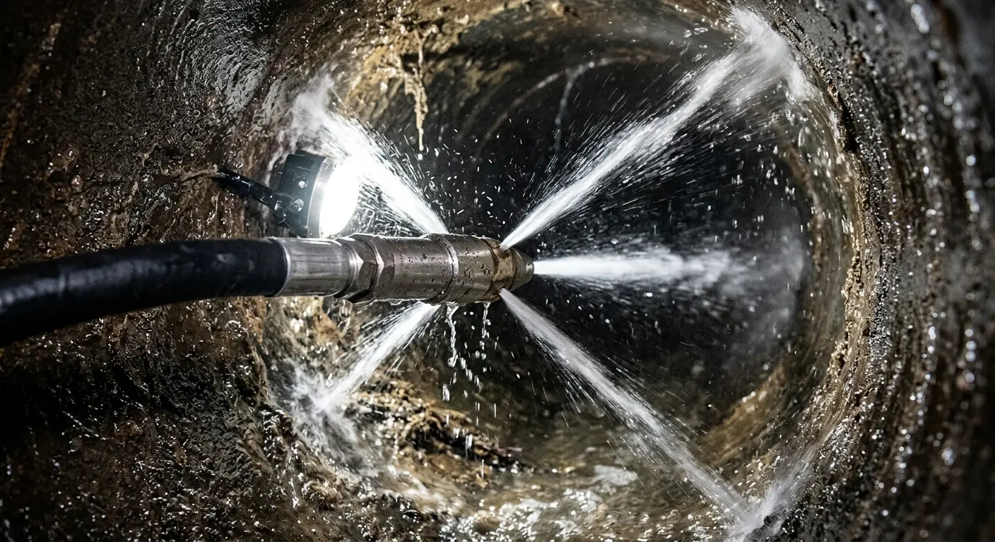 High-pressure hydro jetting nozzle cleaning sewer pipe for Trenchless Sewer Repair in North Palm Beach
