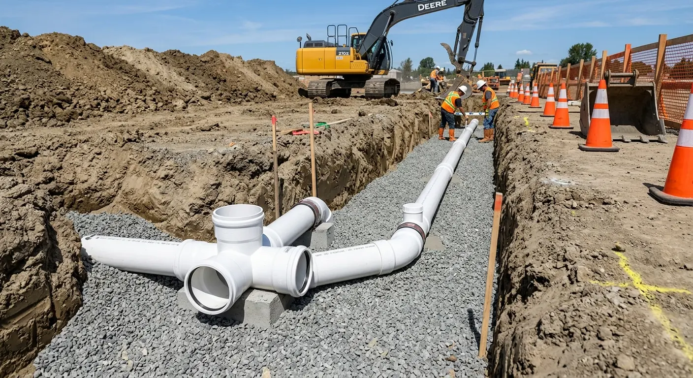 New PVC sewer pipe installation in open trench for Sewer Backup in North Palm Beach